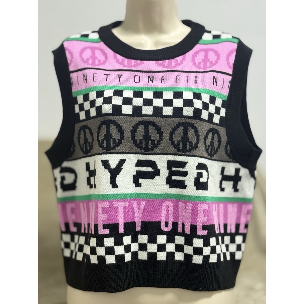 Y2K Hype Graphic Sweater Vest Pink Peace Sign 90s Rave Grunge H & M Women's Sz L